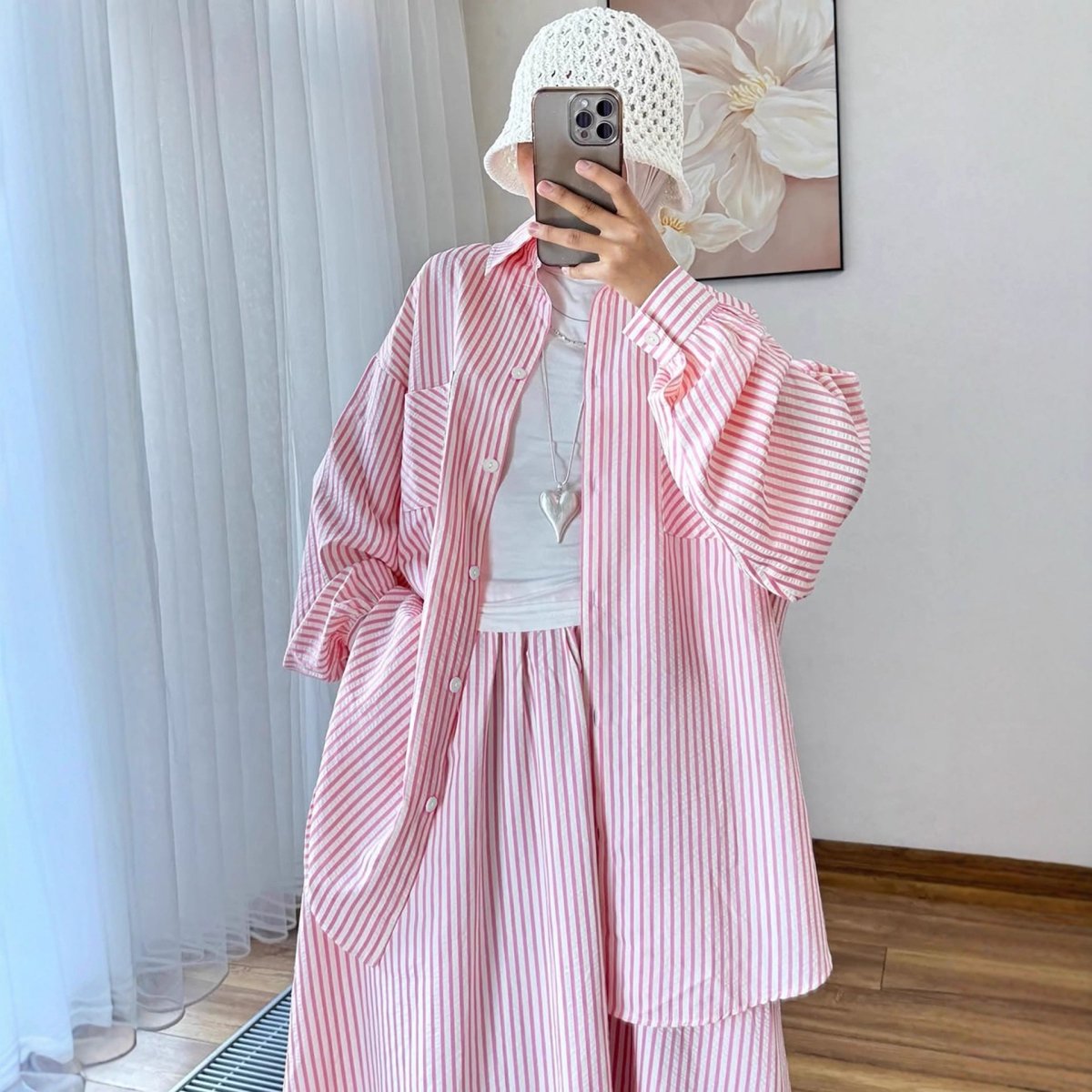 Striped Oversized Shirt & Maxi Skirt Set (MS374)