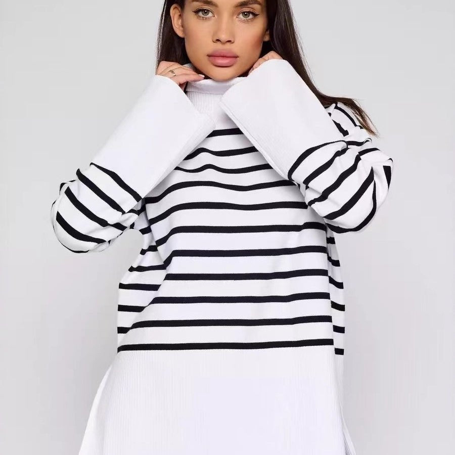 Striped Turtleneck Sweater | Oversized Colorblock Pullover(MS252)