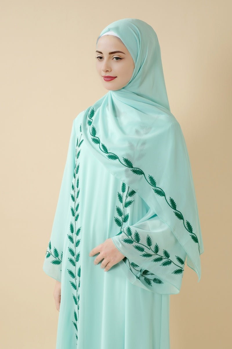 Summer Floral Embroidered Elegant Crew Neck Long Sleeve Chiffon Abaya Dress with Matching Headscarf (MA230)