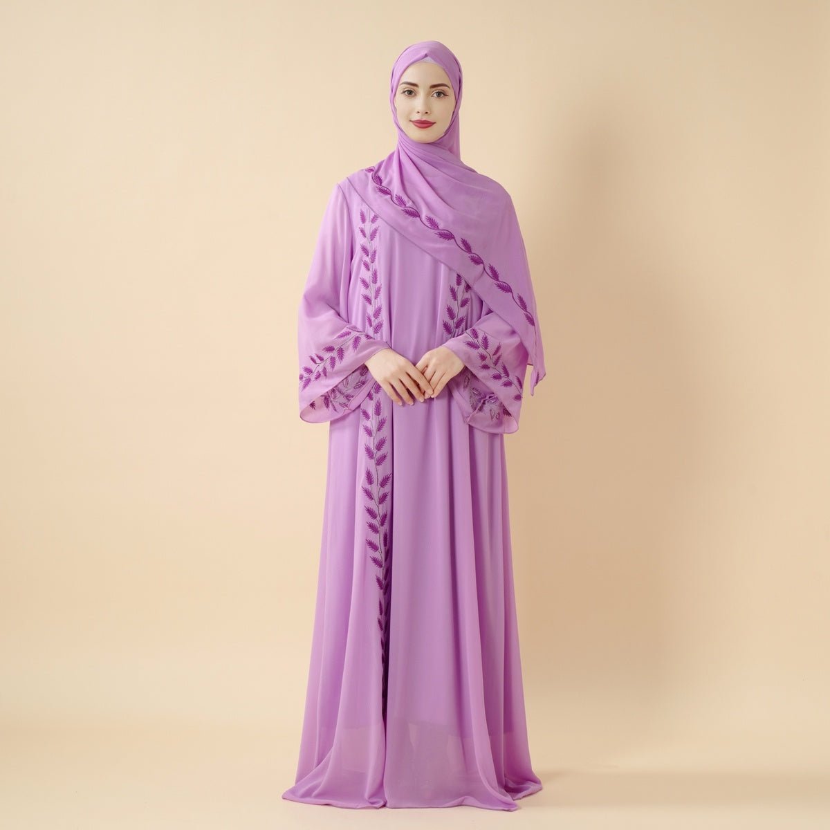 Summer Floral Embroidered Elegant Crew Neck Long Sleeve Chiffon Abaya Dress with Matching Headscarf (MA230)