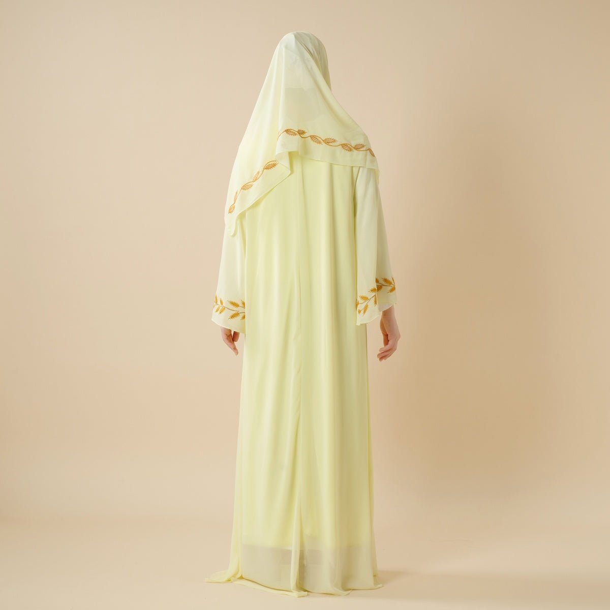 Summer Floral Embroidered Elegant Crew Neck Long Sleeve Chiffon Abaya Dress with Matching Headscarf (MA230)