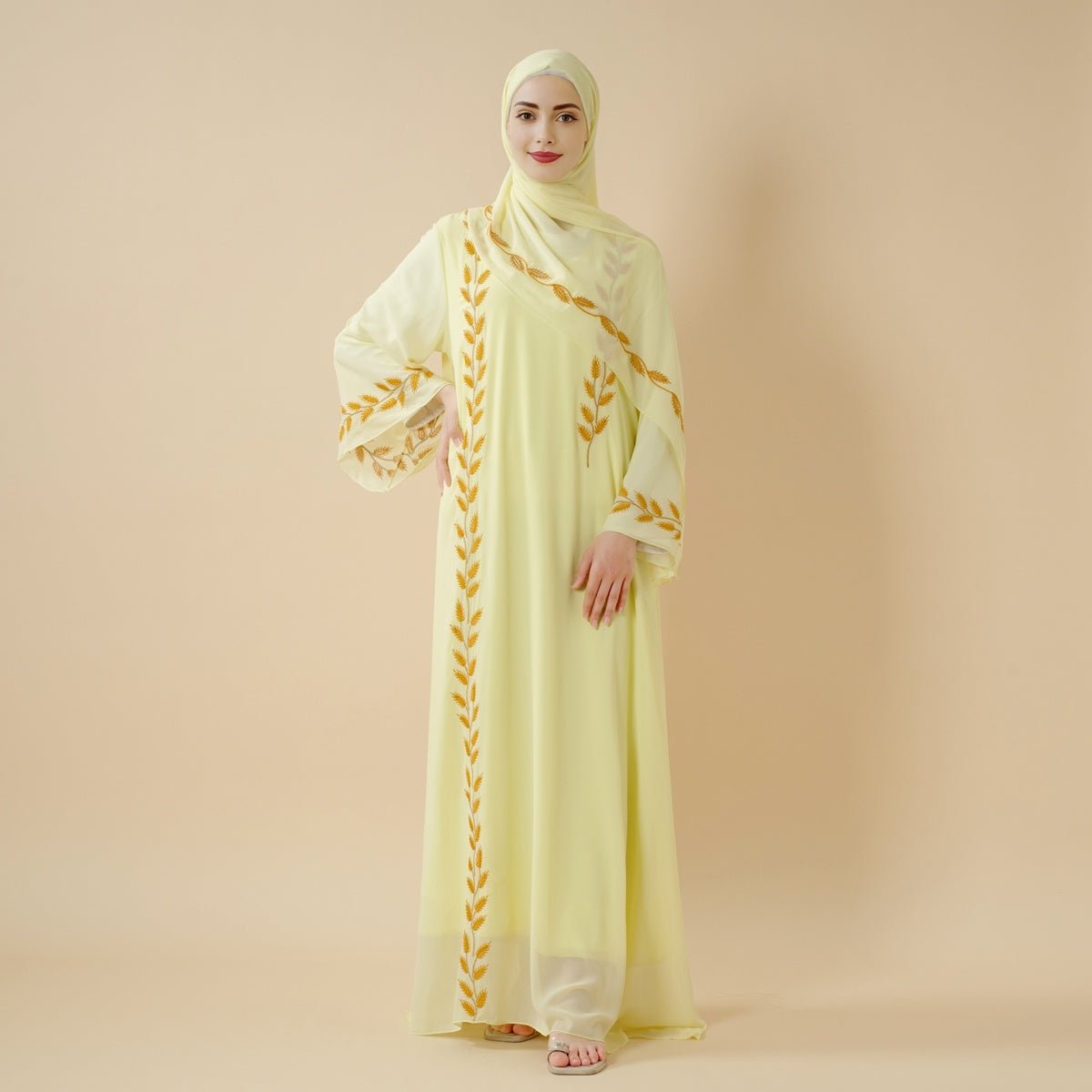 Summer Floral Embroidered Elegant Crew Neck Long Sleeve Chiffon Abaya Dress with Matching Headscarf (MA230)