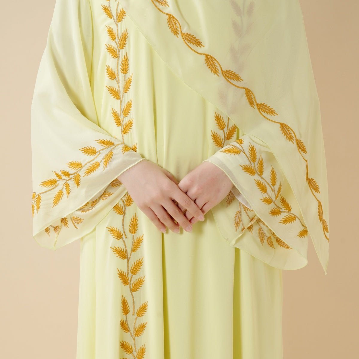 Summer Floral Embroidered Elegant Crew Neck Long Sleeve Chiffon Abaya Dress with Matching Headscarf (MA230)