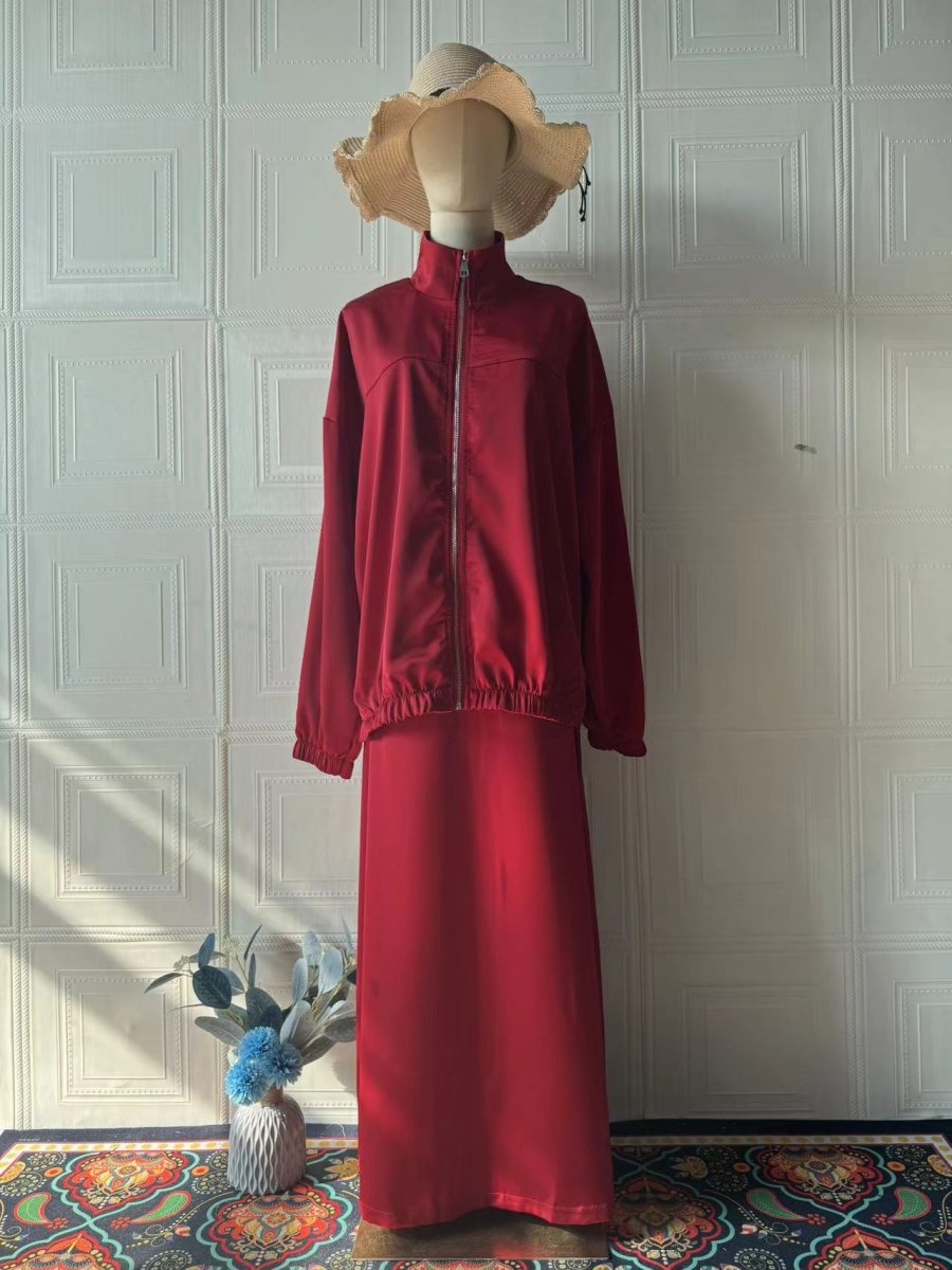 New Summer Satin Long Sleeve Dress | Modest Fashion Waist Drop Long Dress Set (MS079)
