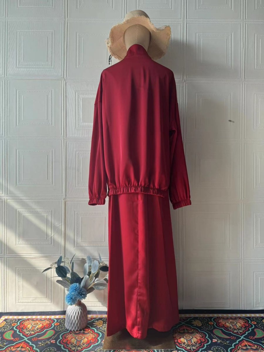 New Summer Satin Long Sleeve Dress | Modest Fashion Waist Drop Long Dress Set (MS079)