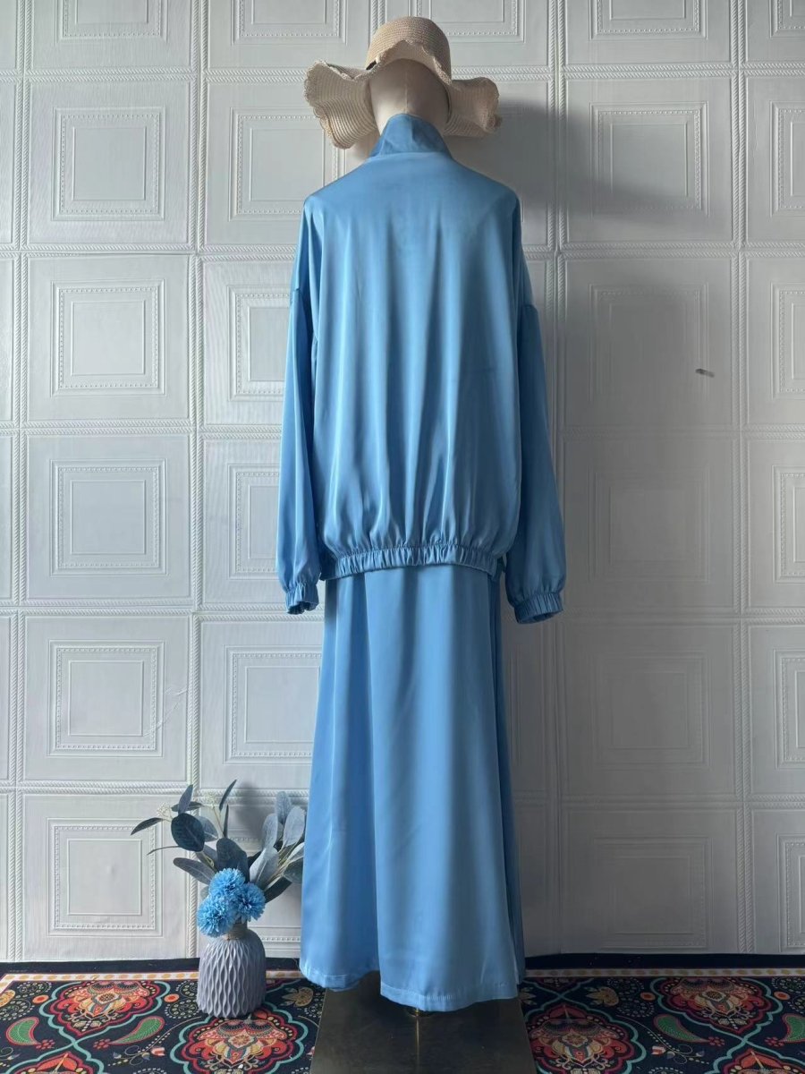 New Summer Satin Long Sleeve Dress | Modest Fashion Waist Drop Long Dress Set (MS079)