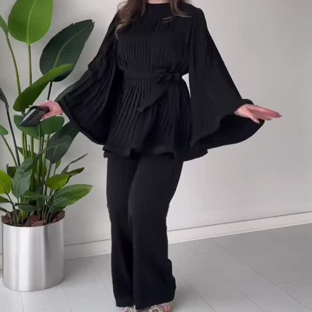 Summer Pleated Design Breathable Loose Pants Two-Piece Set (MS083)