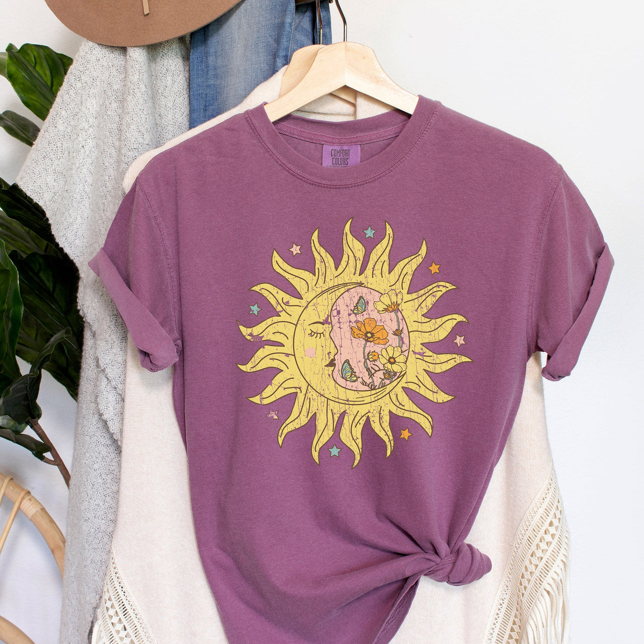 Sun Moon Boho Floral Celestial Comfort Colors Tee