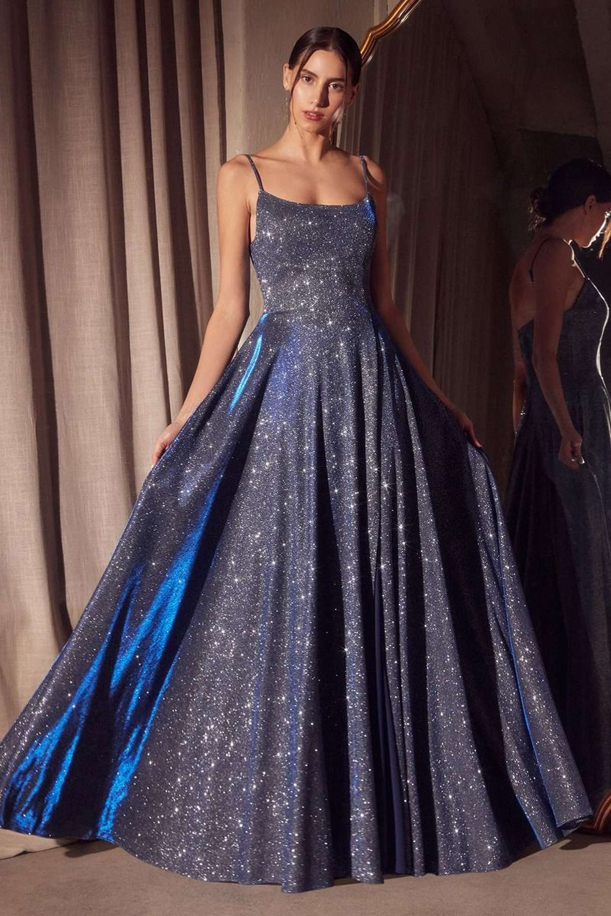 Ladivine Amoris T213 Sleeveless Spaghetti Strap A-Line Glitter Gown