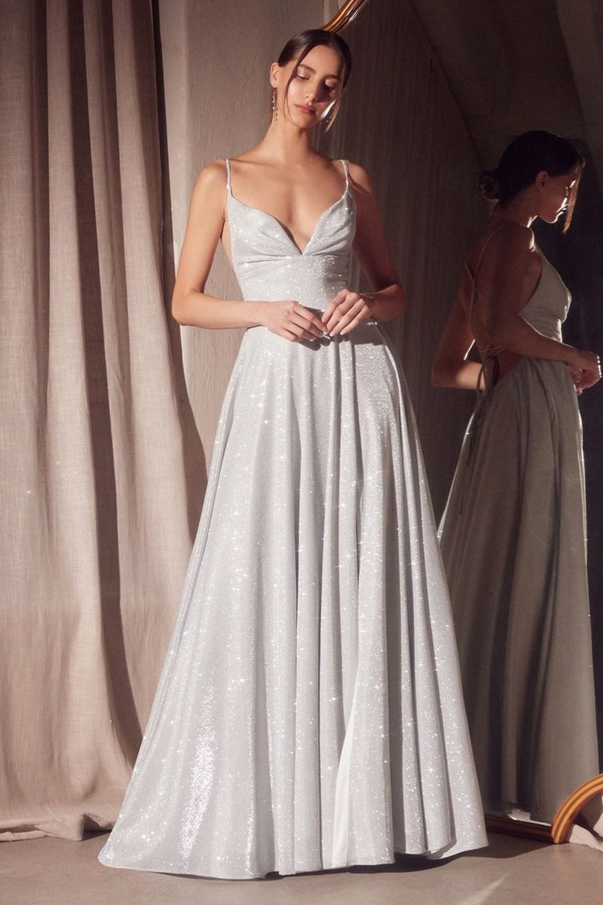 Ladivine Amoris T214 Sleeveless Spaghetti Strap A-Line Glitter Gown