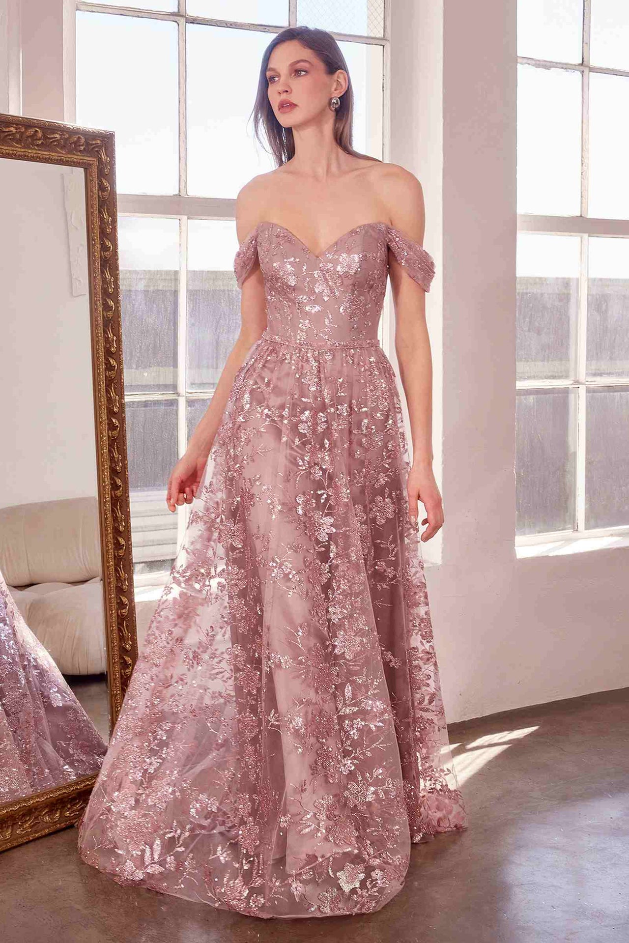 Ladivine Amoris T607 Glitter Print Off the Shoulder A-Line Prom Gown