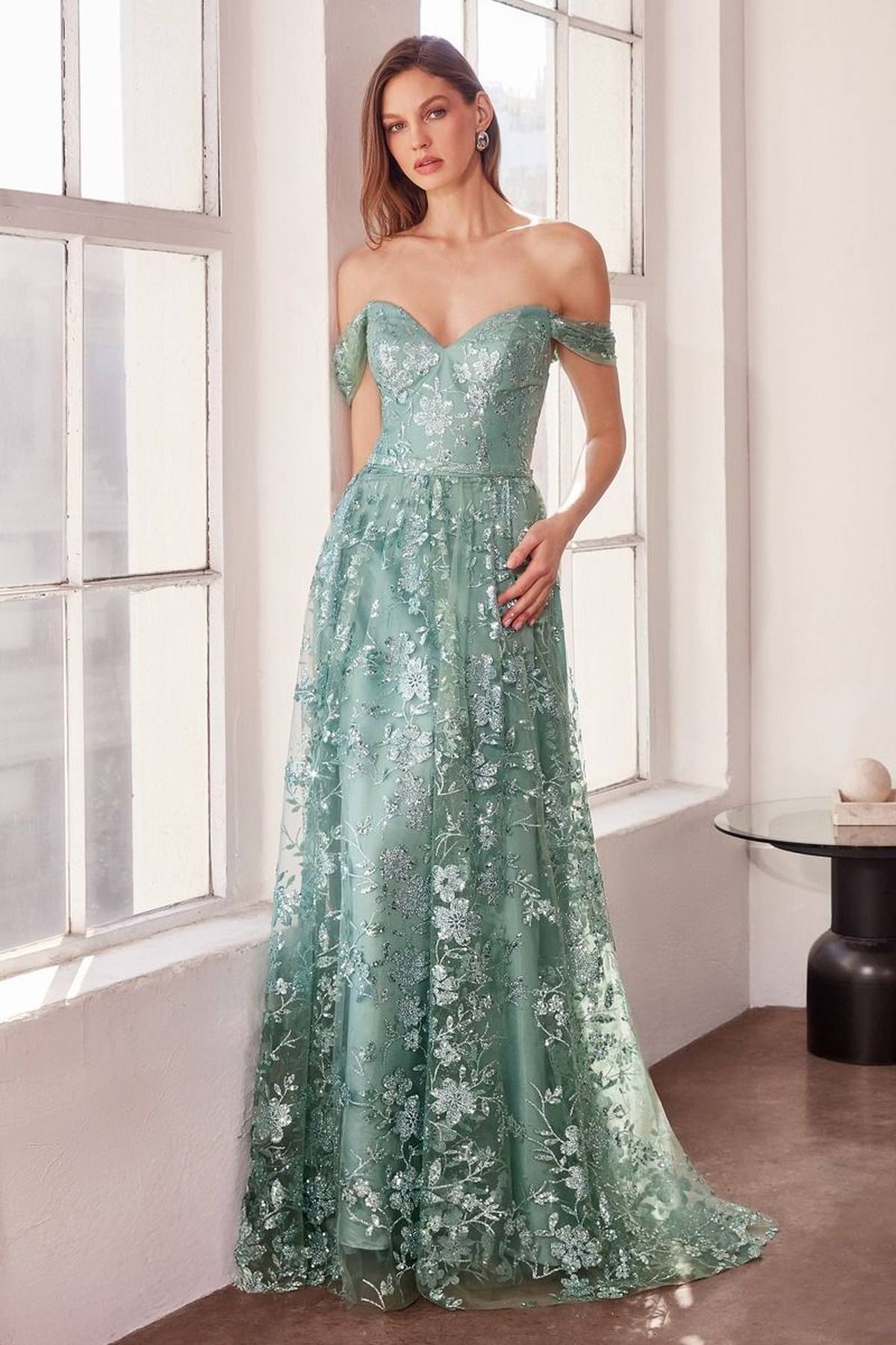 Ladivine Amoris T607 Glitter Print Off the Shoulder A-Line Prom Gown
