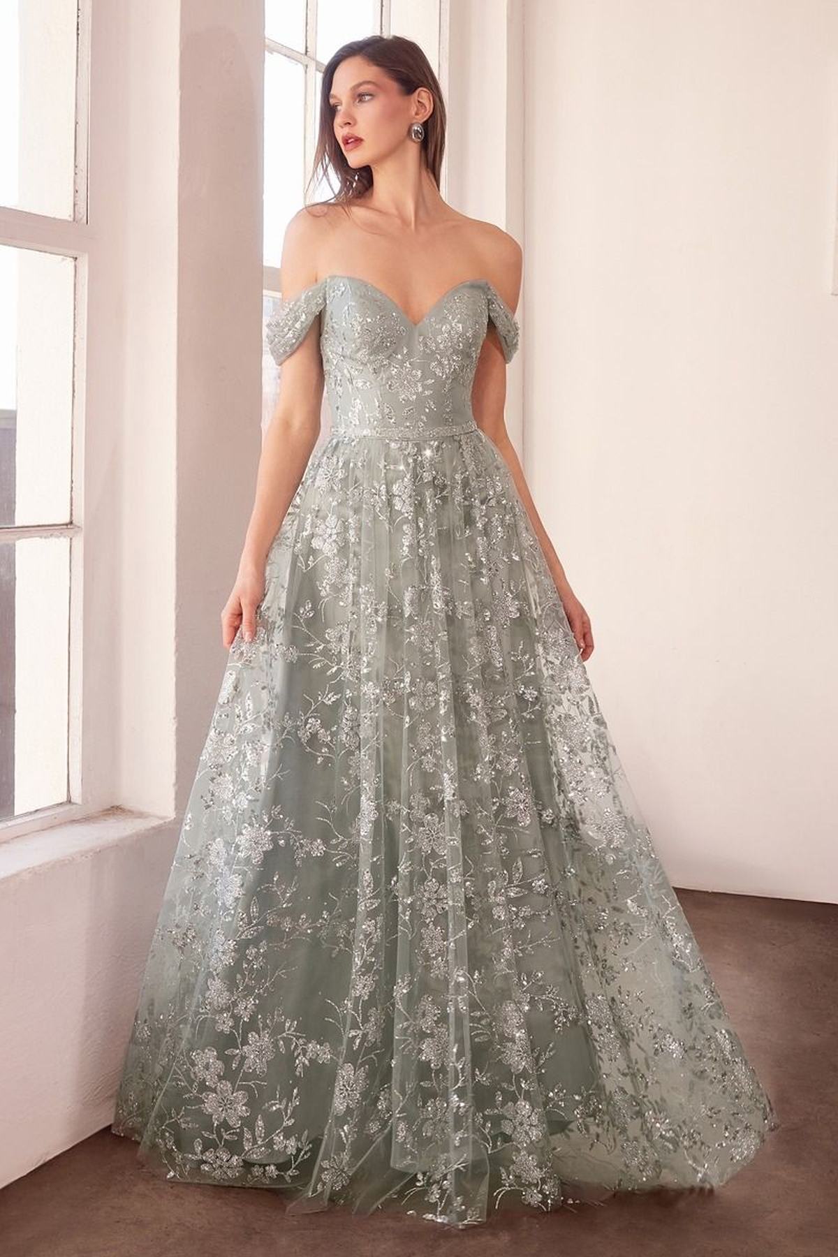 Ladivine Amoris T607 Glitter Print Off the Shoulder A-Line Prom Gown