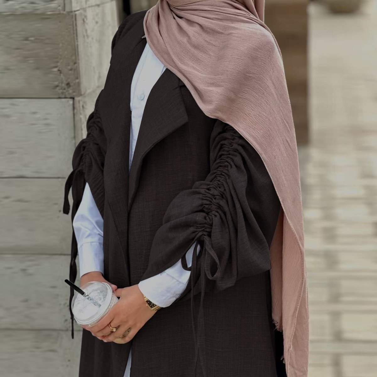 Tailored Blazer Cardigan with Ruched Sleeves | Open-Front Twill Blend Jacket(MOA246)
