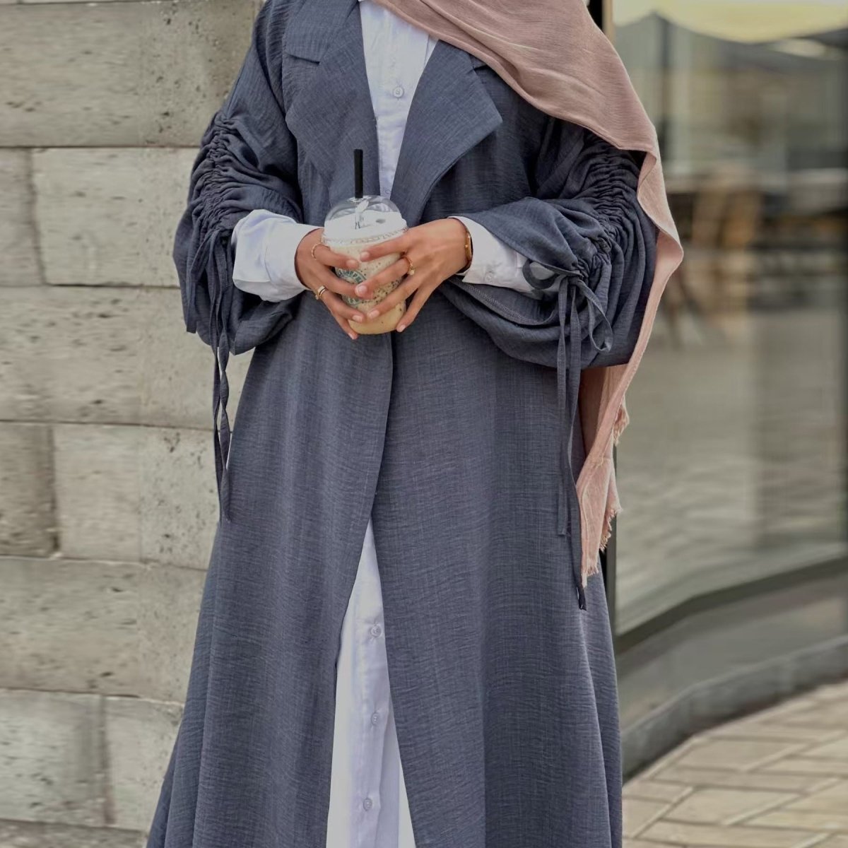 Tailored Blazer Cardigan with Ruched Sleeves | Open-Front Twill Blend Jacket(MOA246)
