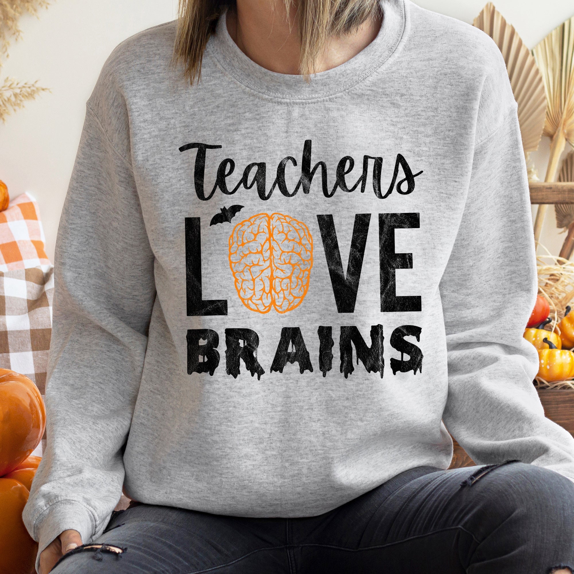 Teachers Love Brains Vintage Halloween Theme For Educators Official Edition Graphic Sweatshirt