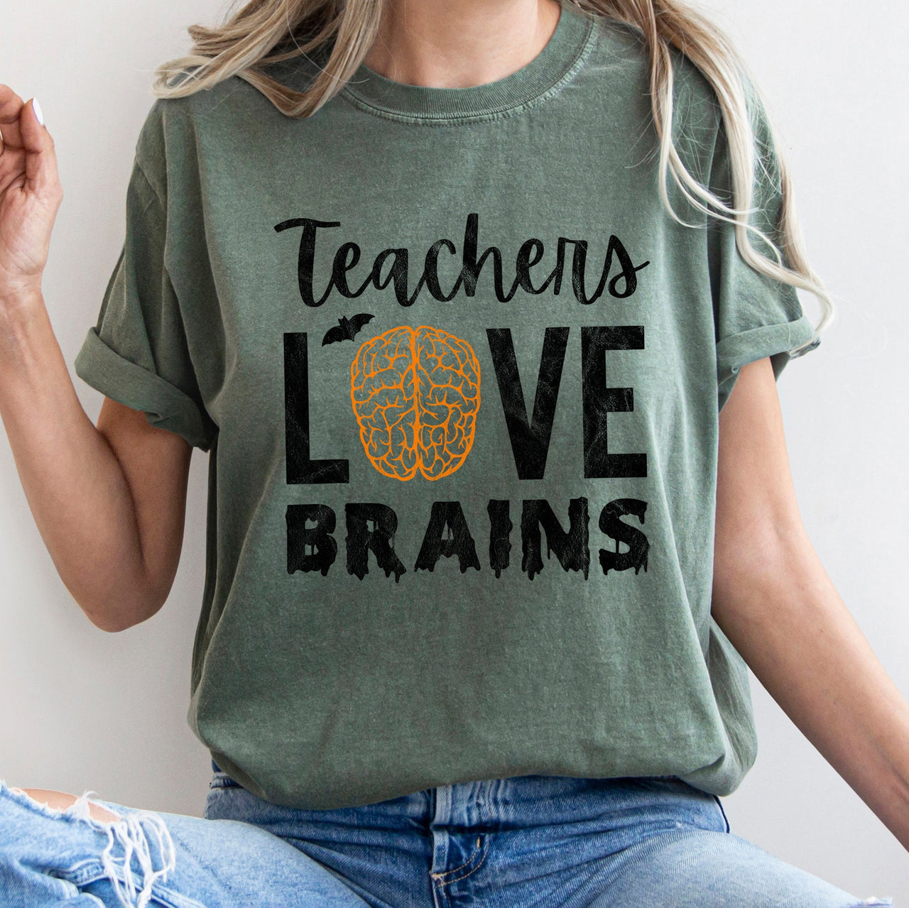 Teachers Love Brains Retro Halloween Classroom Theme Edition Limited Comfort Colors Tee