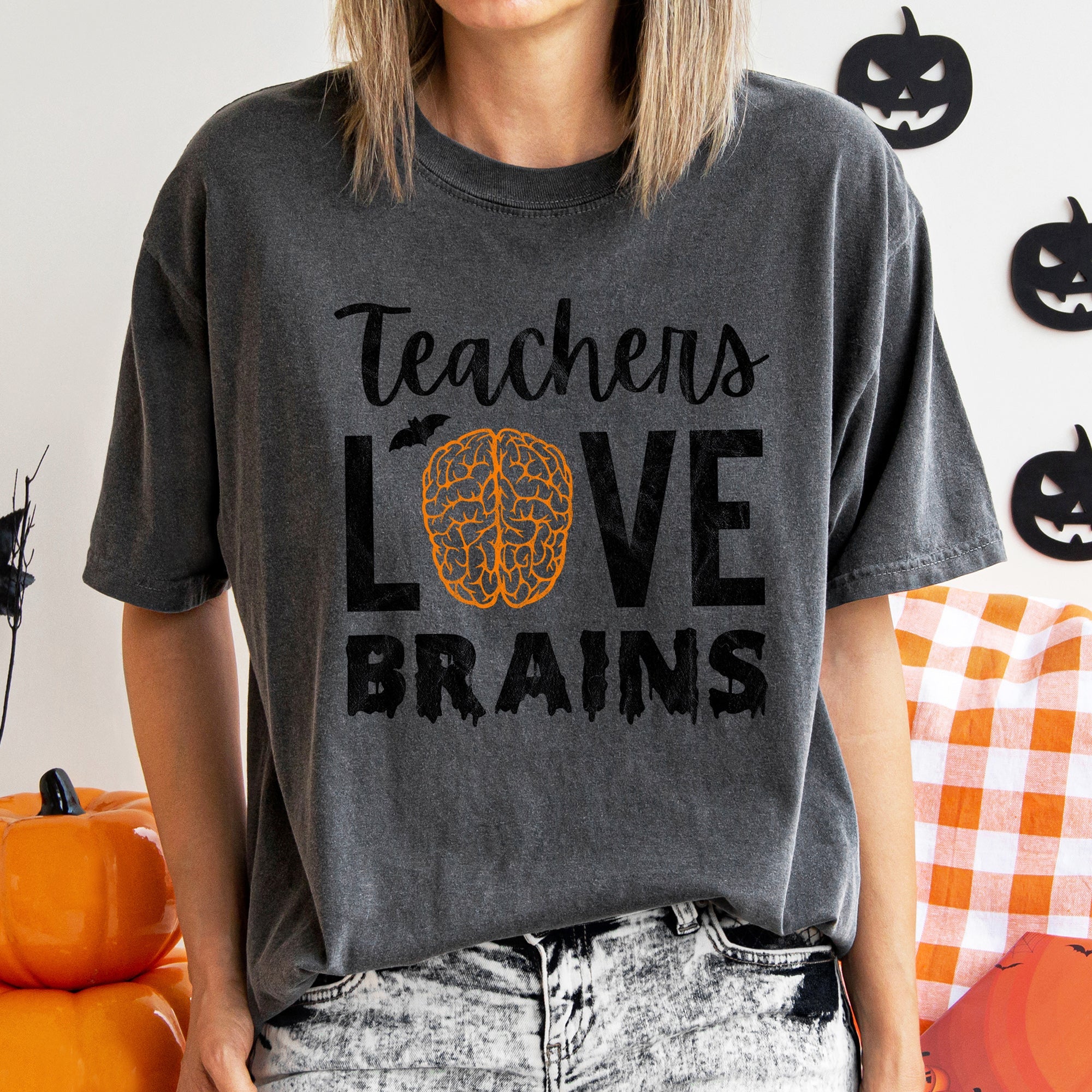 Teachers Love Brains Retro Halloween Classroom Theme Edition Limited Comfort Colors Tee