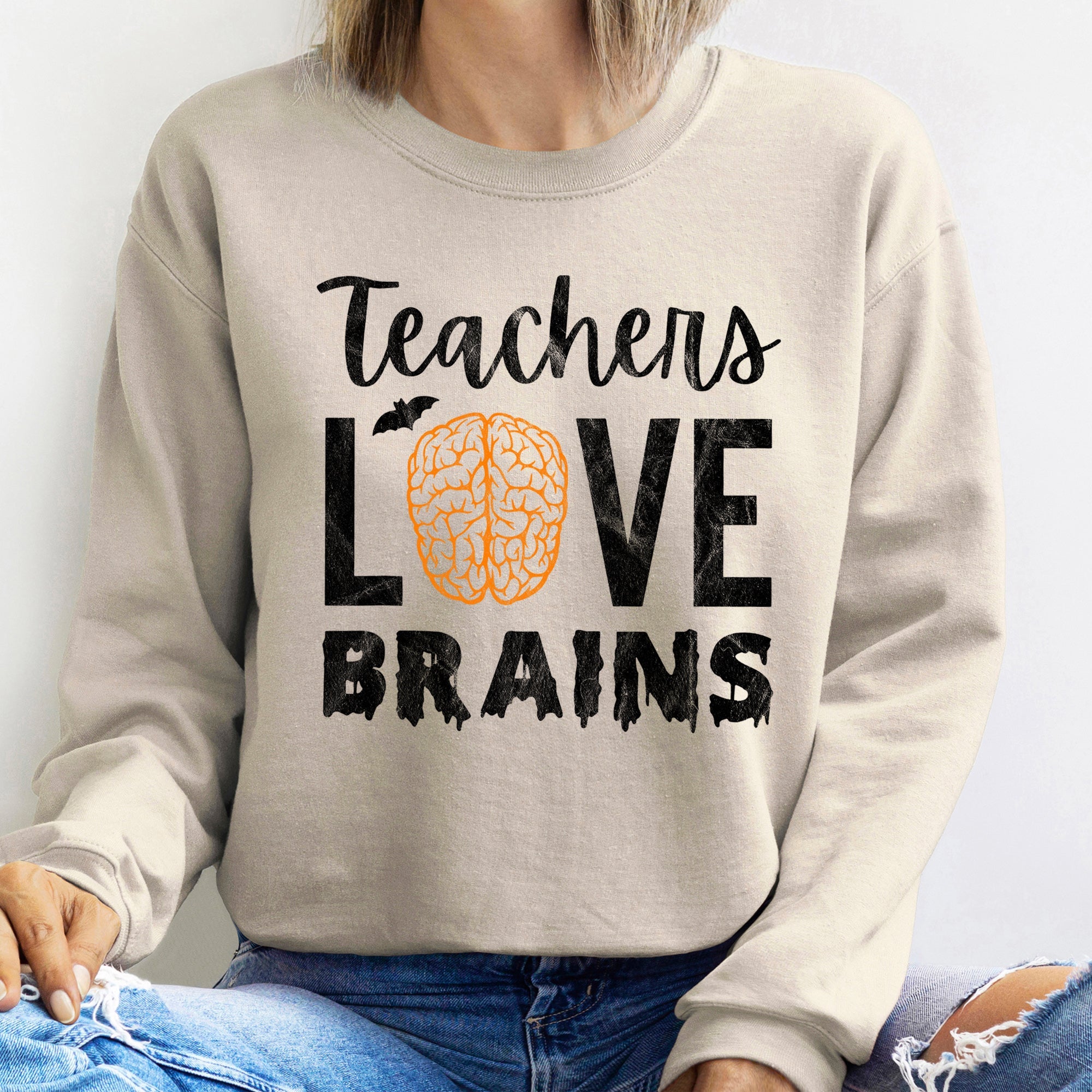 Teachers Love Brains Vintage Halloween Theme For Educators Official Edition Graphic Sweatshirt