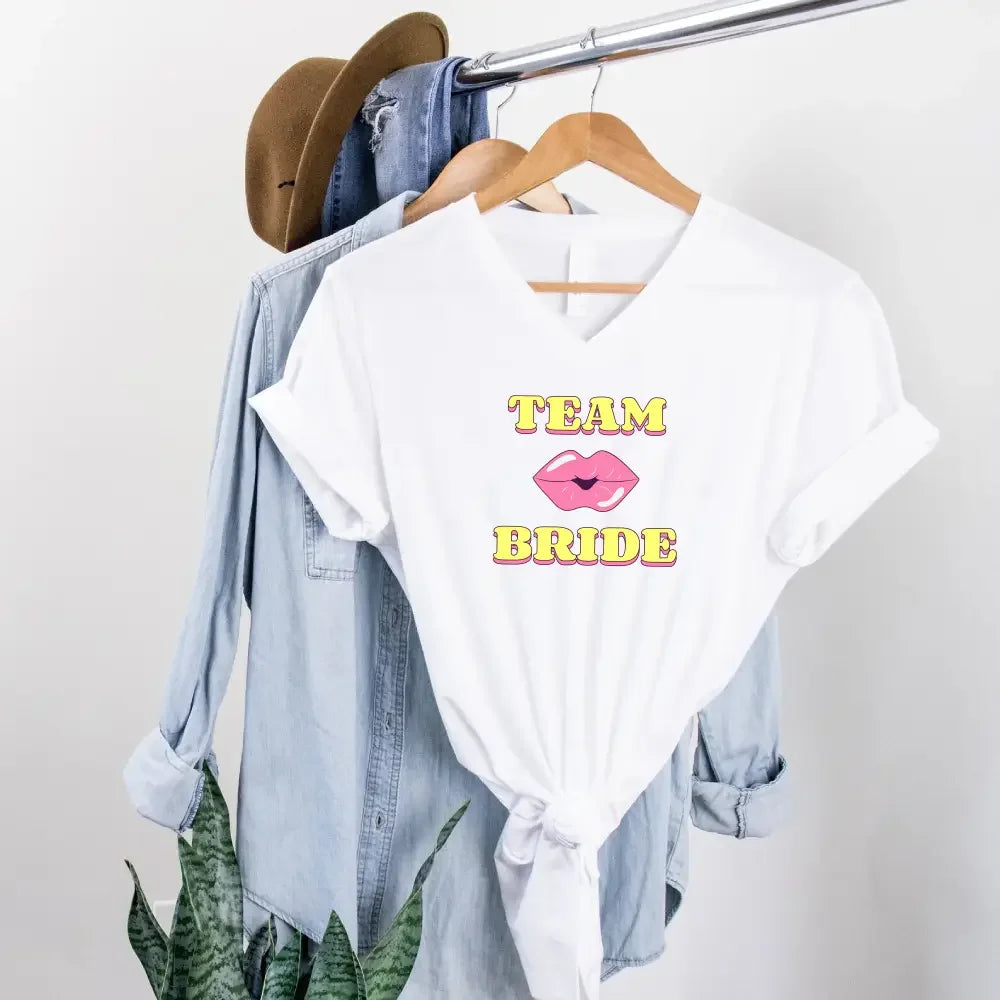 🍾 Team Bride & The Bride 💍 Bachelorette Party Matching V-Neck T-Shirts