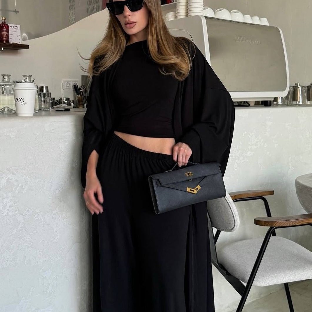 Three-Piece Cape Cardigan Set | Crop Top & Wide-Leg Pants Outfit(MS258)