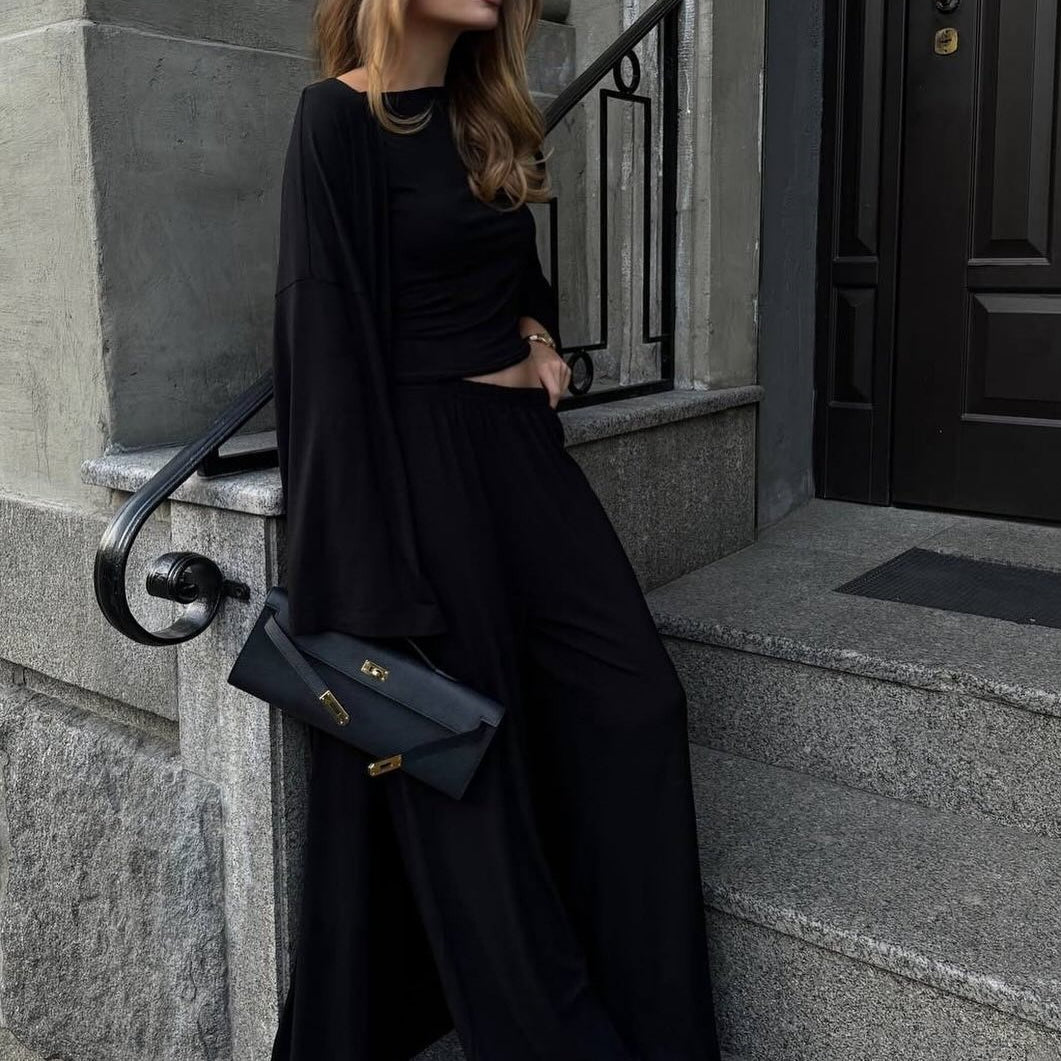 Three-Piece Cape Cardigan Set | Crop Top & Wide-Leg Pants Outfit(MS258)