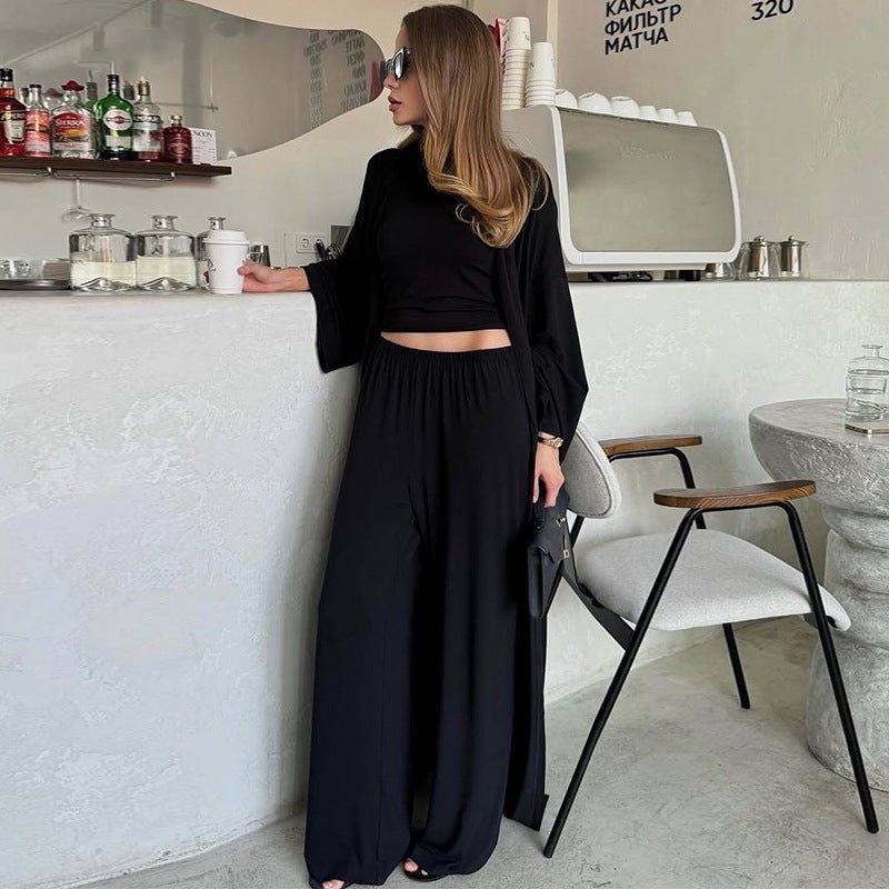 Three-Piece Cape Cardigan Set | Crop Top & Wide-Leg Pants Outfit(MS258)
