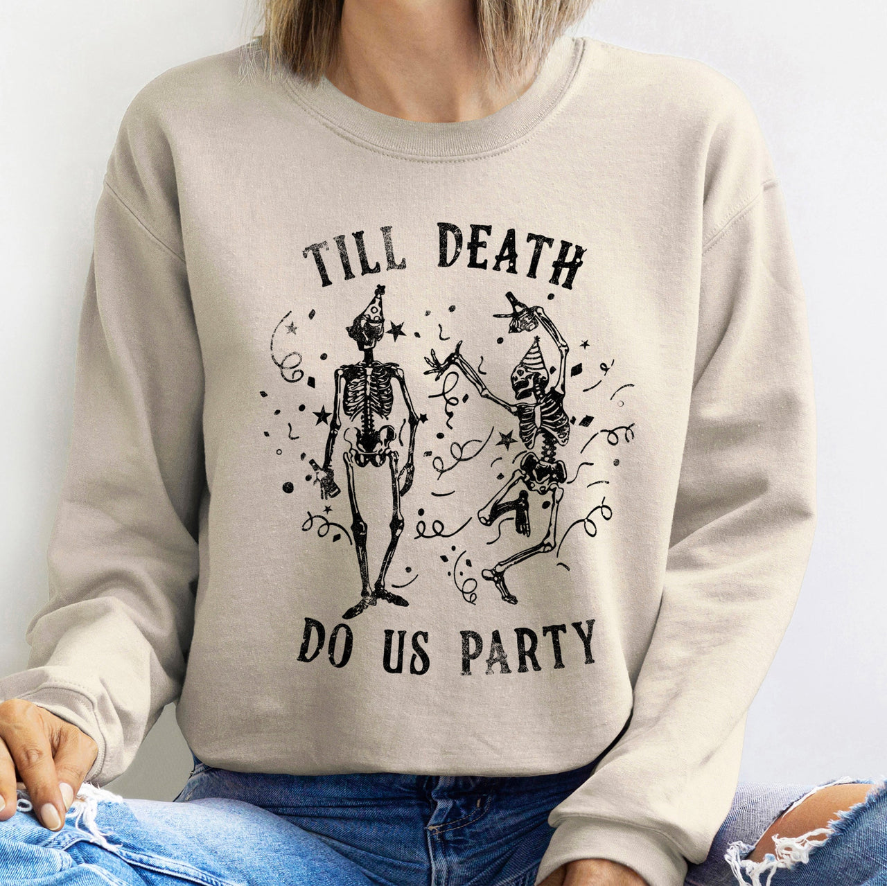 Till Death Vintage Halloween Graphic Artwork Featuring Moonlit Graveyard Silhouettes And Bats Sweatshirt