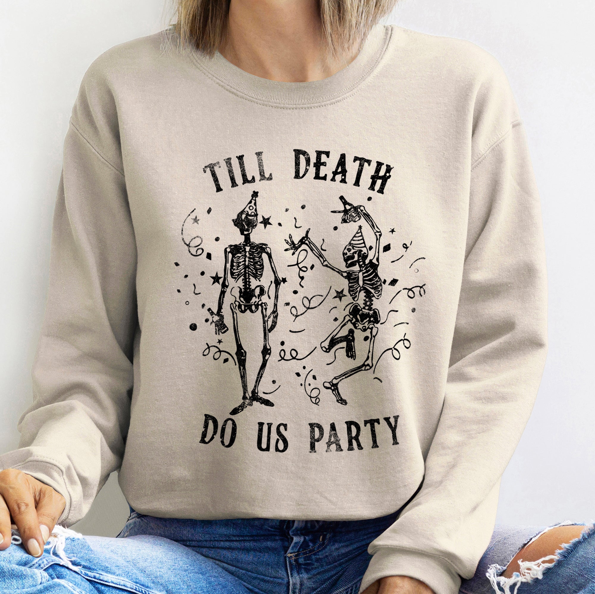 Till Death Vintage Halloween Graphic Artwork Featuring Moonlit Graveyard Silhouettes And Bats Sweatshirt
