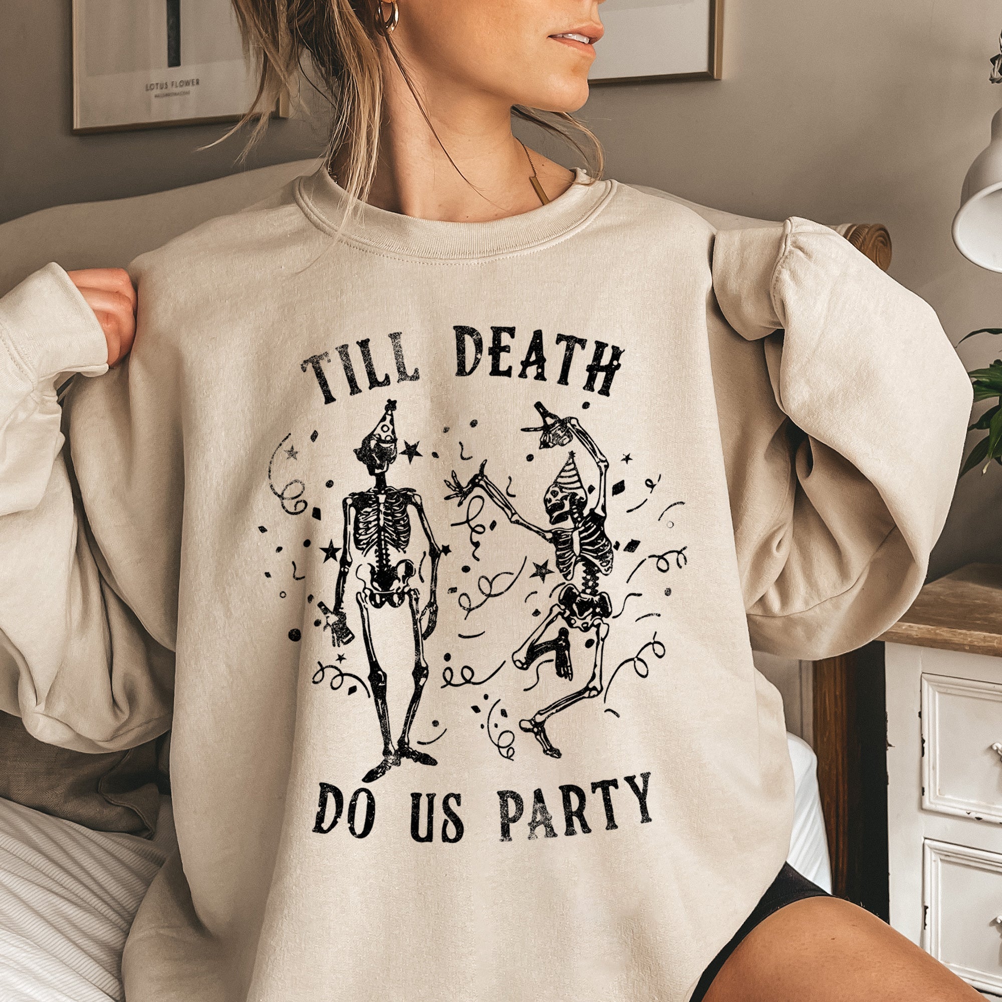 Till Death Vintage Halloween Graphic Artwork Featuring Moonlit Graveyard Silhouettes And Bats Sweatshirt