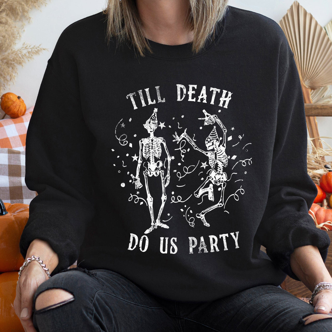 Till Death Do Us Party Halloween Hand Lettered Vintage Style Illustration Graphic Comic Gothic Text Sweatshirt