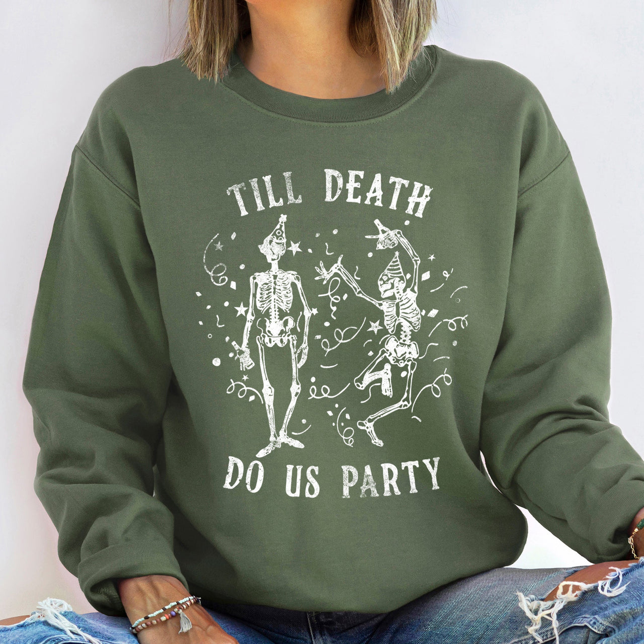 Till Death Do Us Party Halloween Hand Lettered Vintage Style Illustration Graphic Comic Gothic Text Sweatshirt
