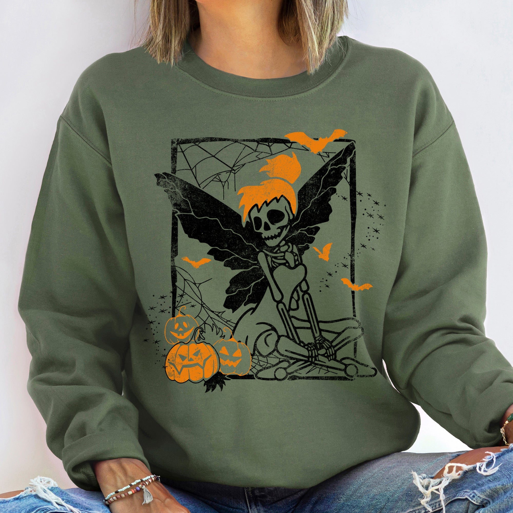 Tinker Bell Skeleton Halloween Edition Limited Glow Neon Vintage Cozy Fleece Sweatshirt