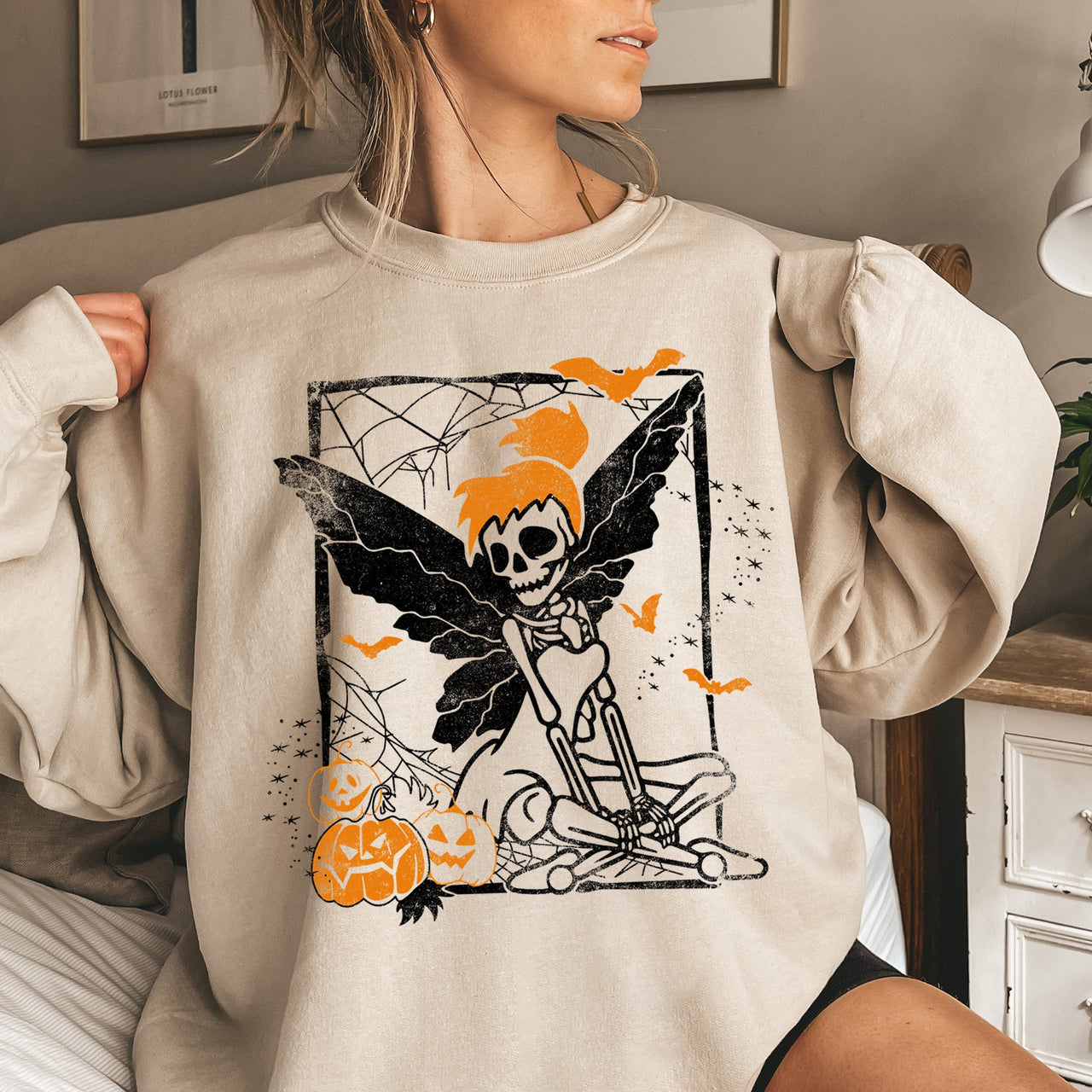 Tinker Bell Skeleton Halloween Edition Limited Glow Neon Vintage Cozy Fleece Sweatshirt