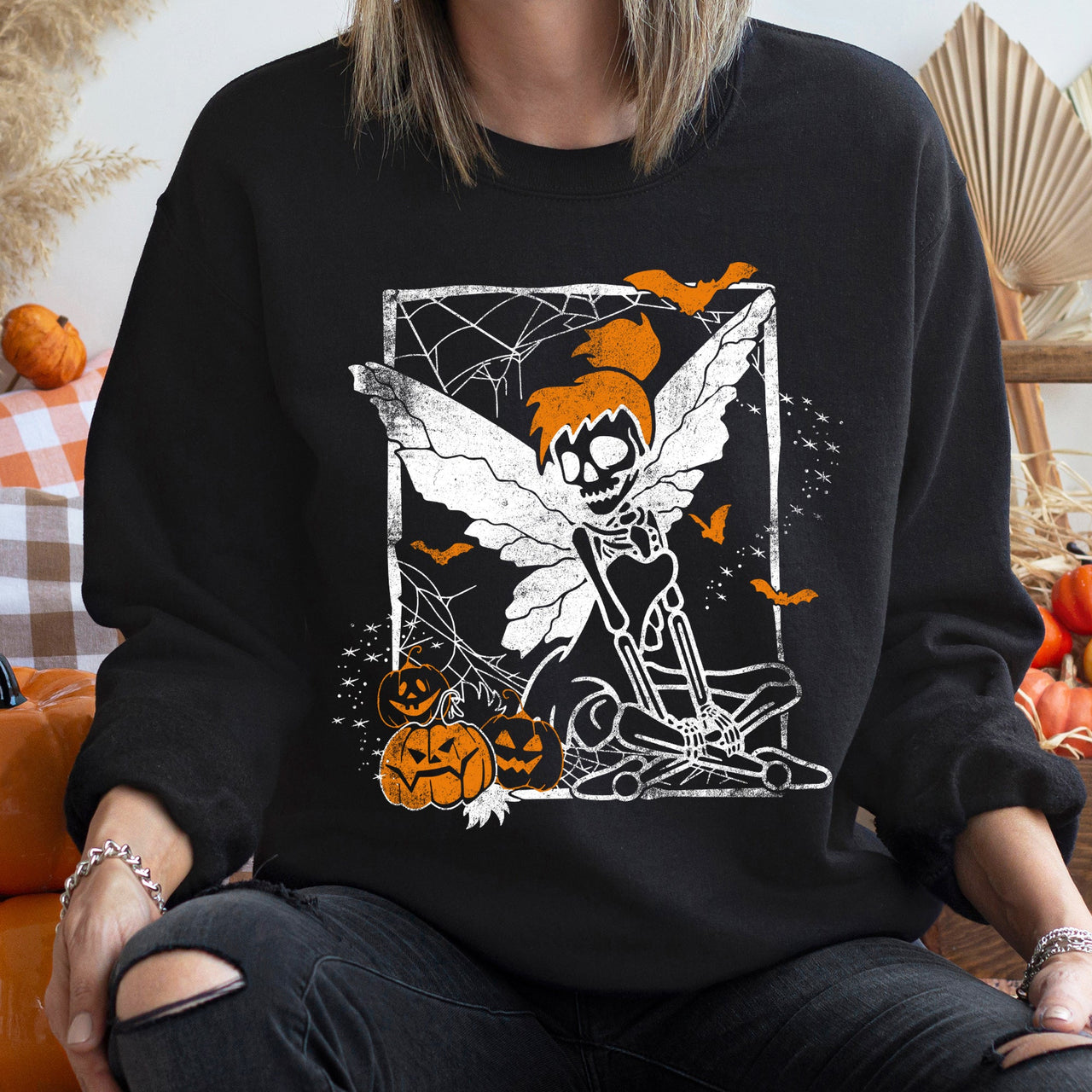 Tinkerbell Skeleton Vintage Halloween Gothic Whimsy Illustration Artwork Sweatshirt