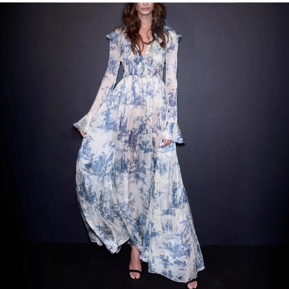 Toile de Jouy Print Ruffle Maxi Dress(MS422)