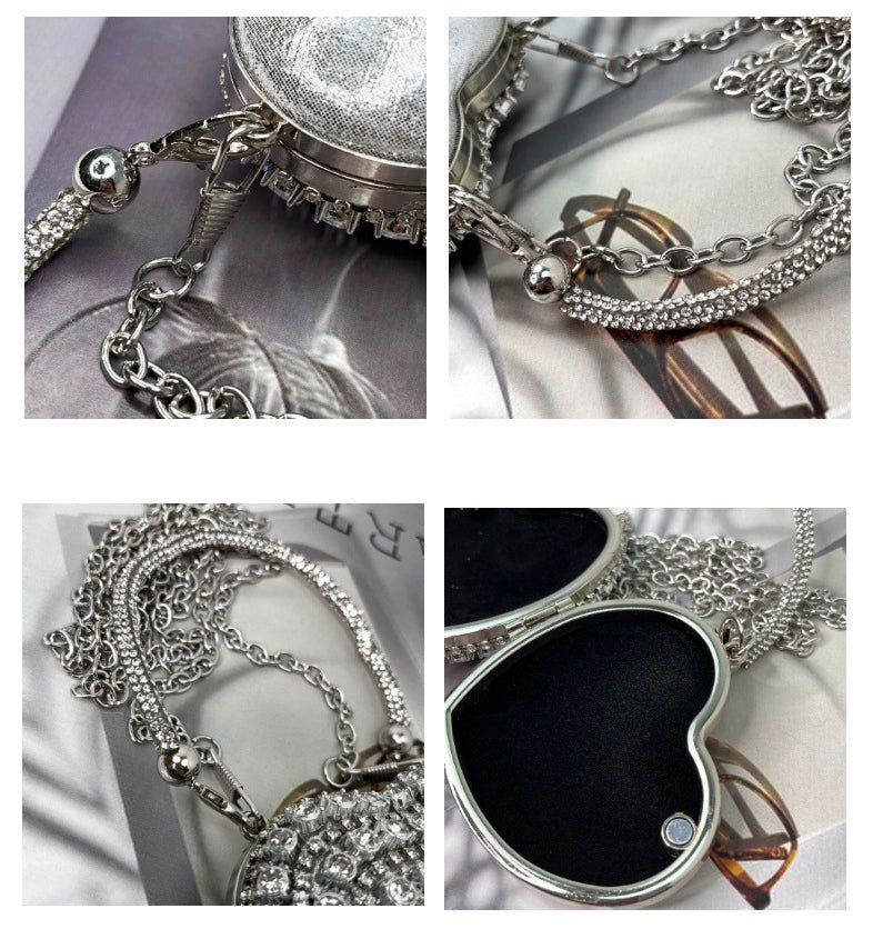 Trendy Mini Heart Chain Clutch Bag with Rhinestones – Elegant Evening Crossbody Purse for Women（MAC240）