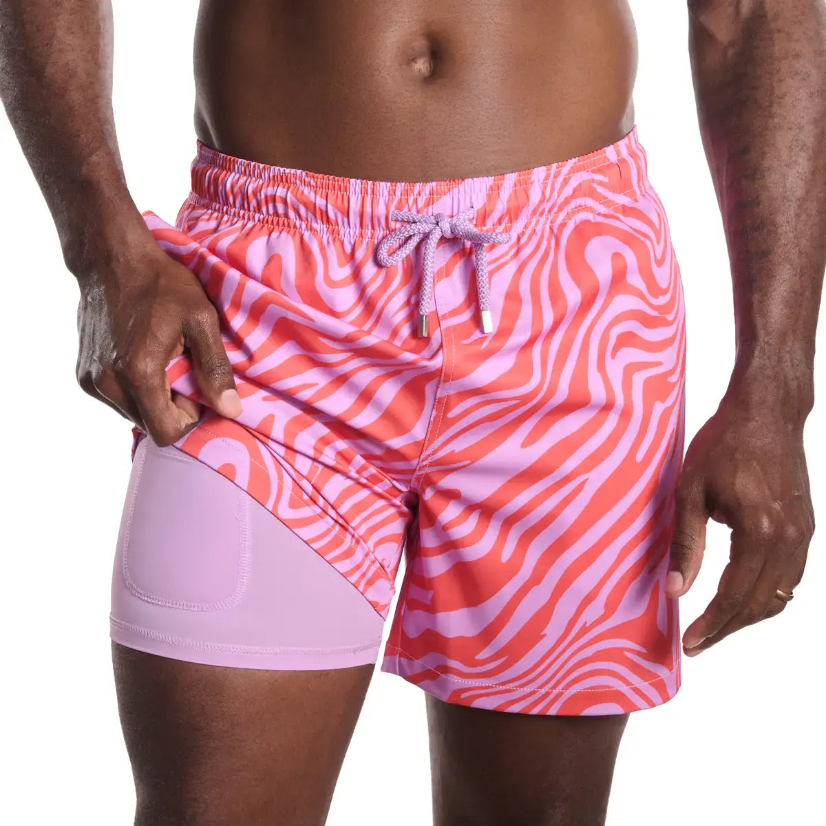Men’s Premium Compression-Lined Hybrid Shorts – Tropical Swirl - Coral and Orchid