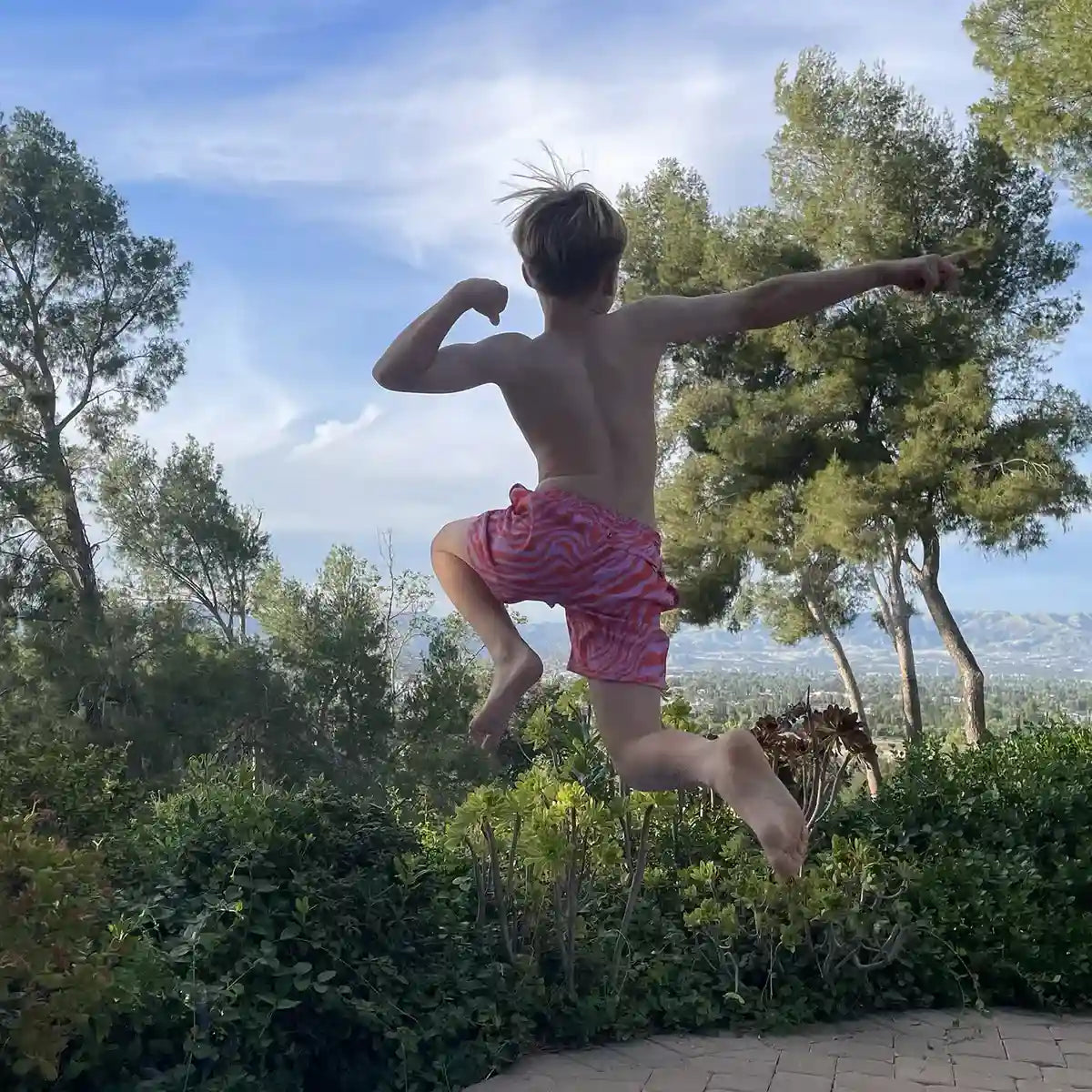 Boys Hybrid Swim & Play Shorts – Tropical Swirl - Coral and Orchid