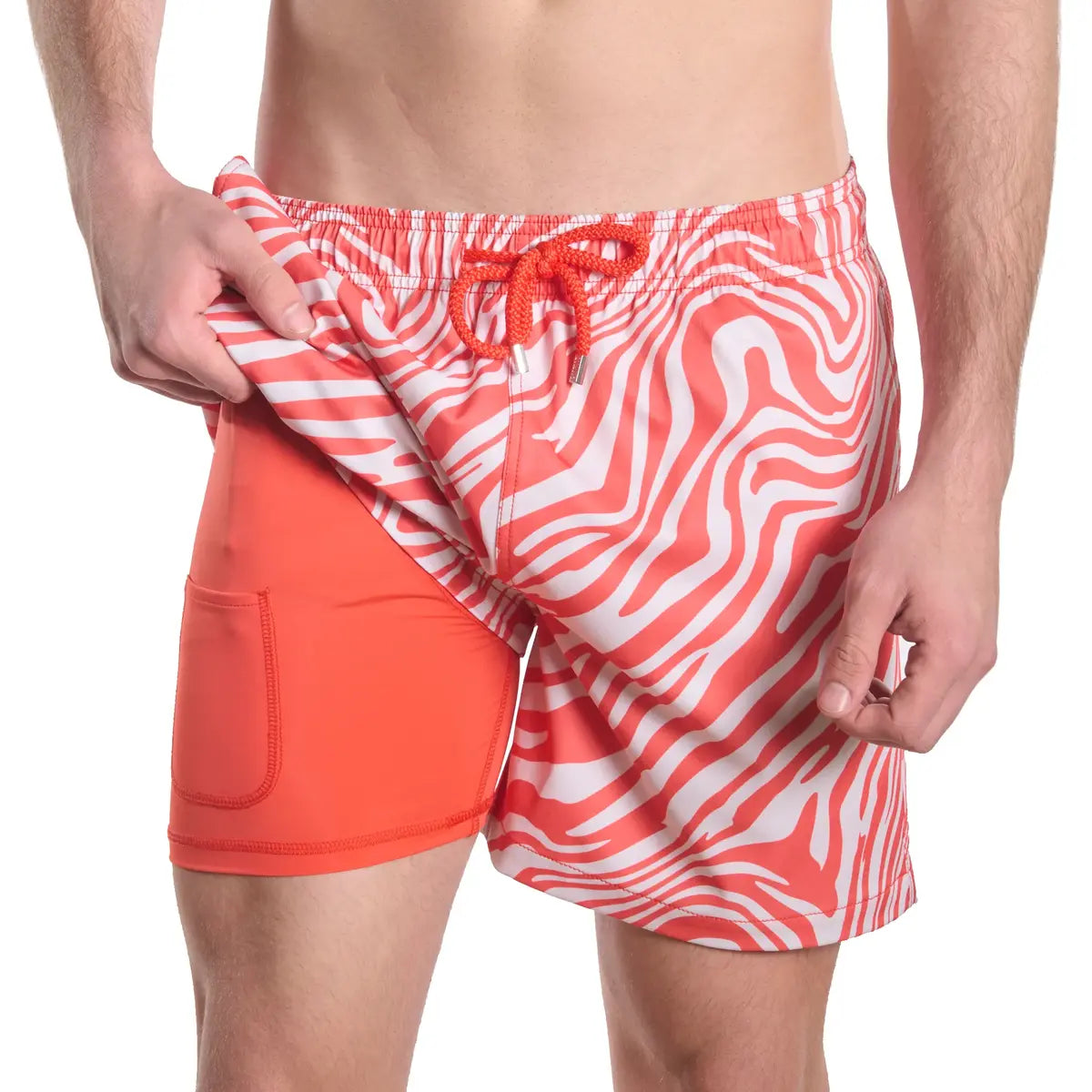 Men’s Premium Compression-Lined Hybrid Shorts – Tropical Swirl - Coral and Sand