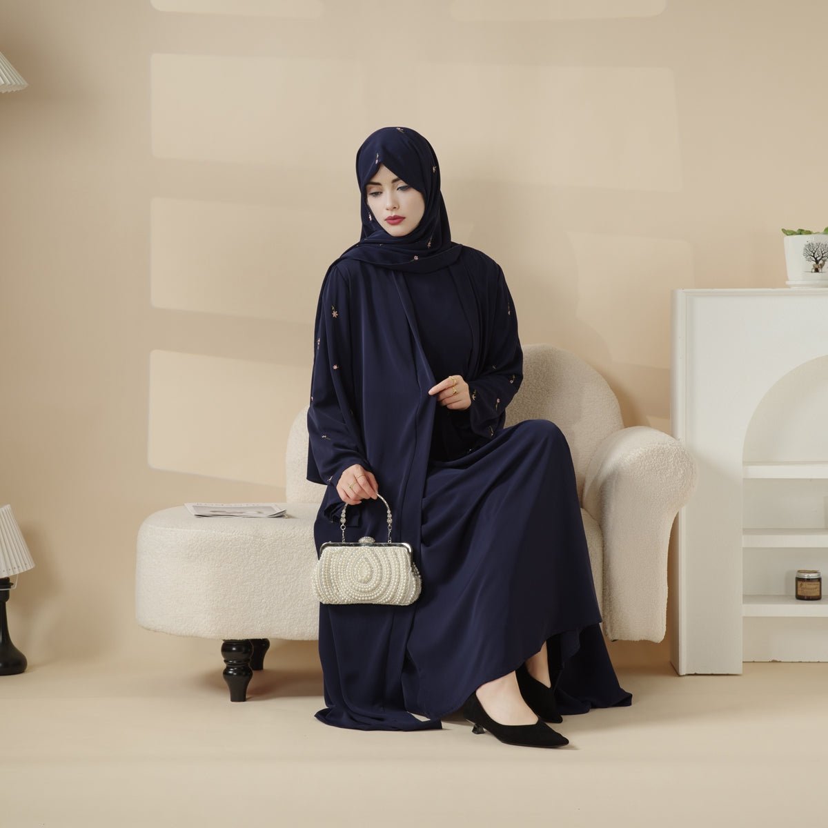 Tulip Embroidery Open Abaya 4-Piece Set (MOA051)
