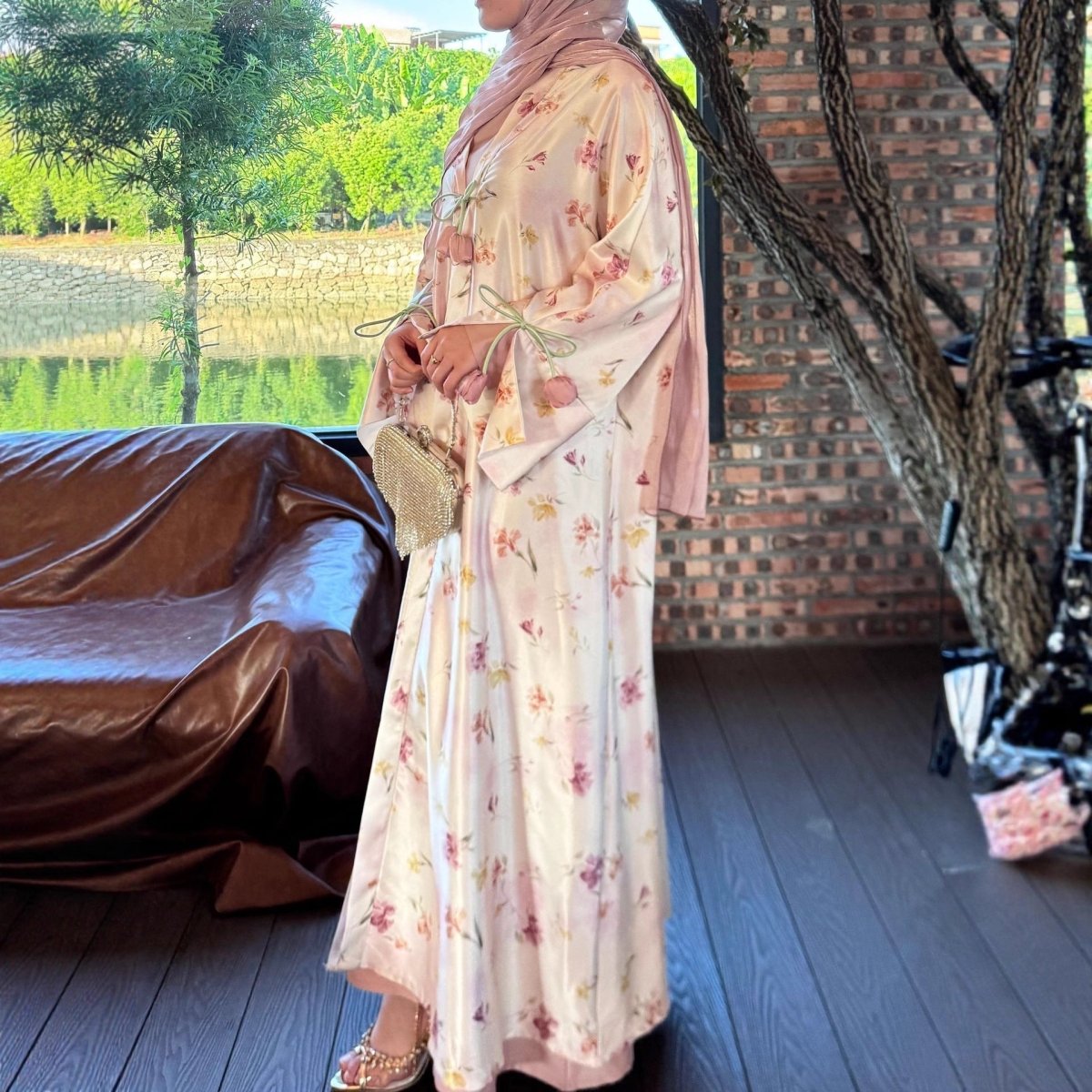 Tulip Print Satin Abaya Set with Jacket | Two-Piece Kimono Outfit (MOA270)