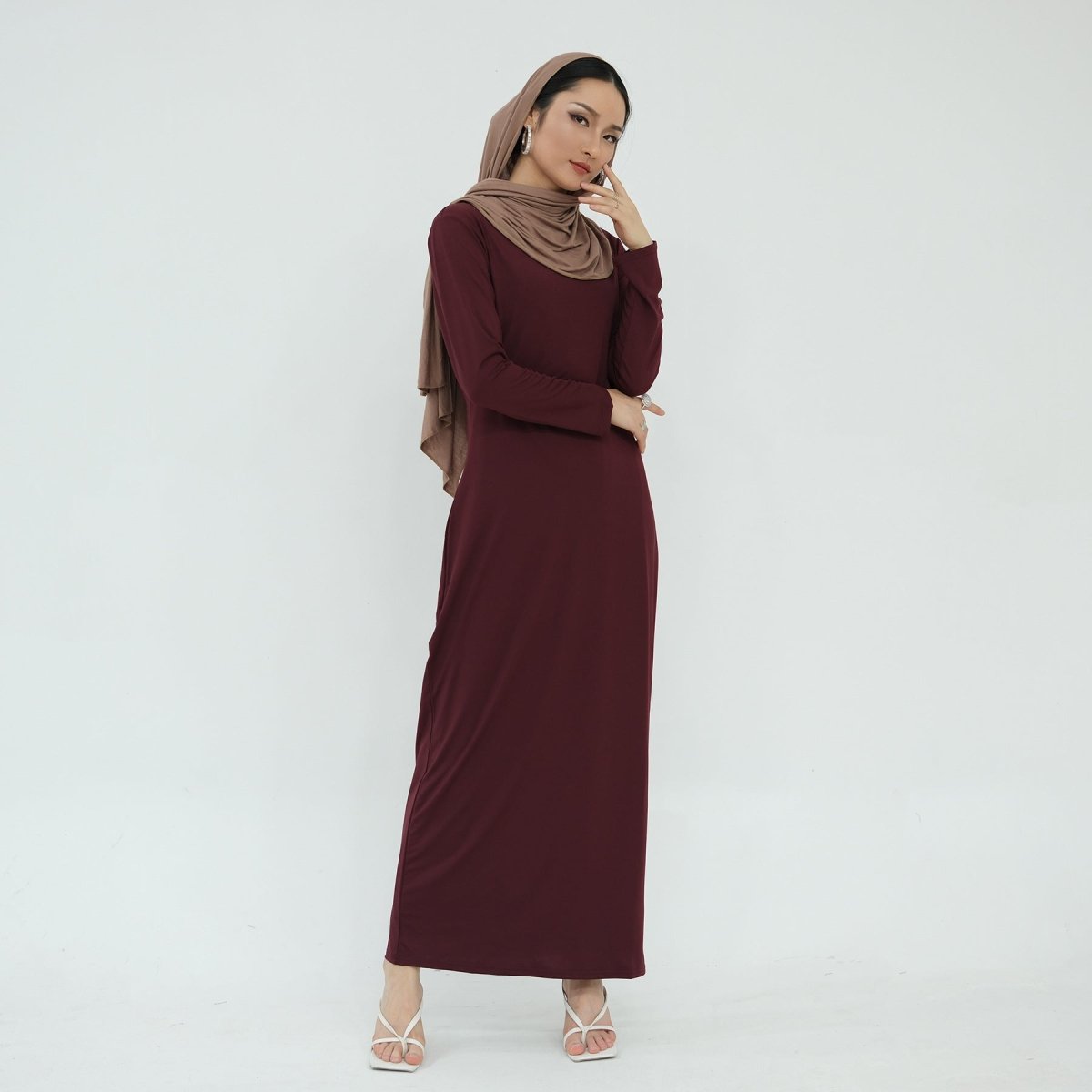 Ultra Long Milk Silk Soft Layering Essential Base Dress | Round Neck Pullover Maxi Underdress(MA319)