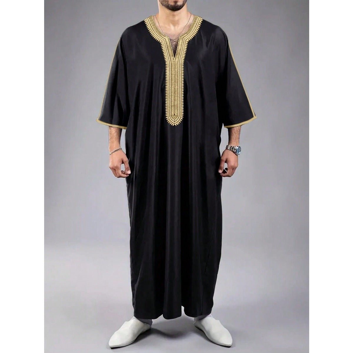V-Neck Geometric Stitching Embroidered Medium Short Sleeve Muslim Robe Thobe (MT030)