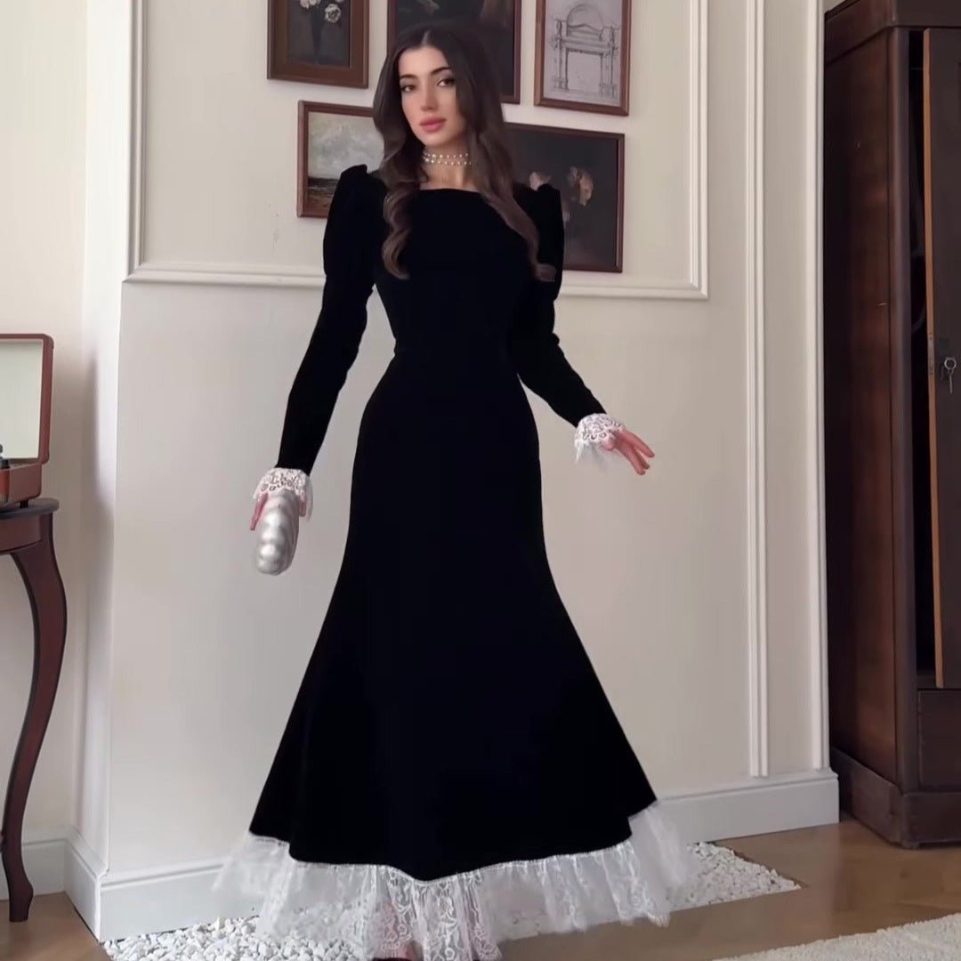Velvet Gown with Lace Trim(MS238)