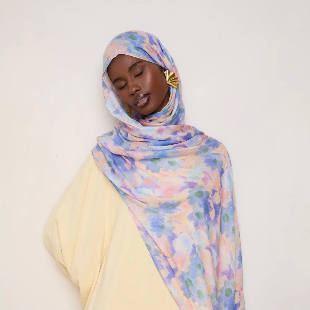 Vibrant Floral Print Scarf Hijab | Lightweight Botanical Headscarf  (MH159)