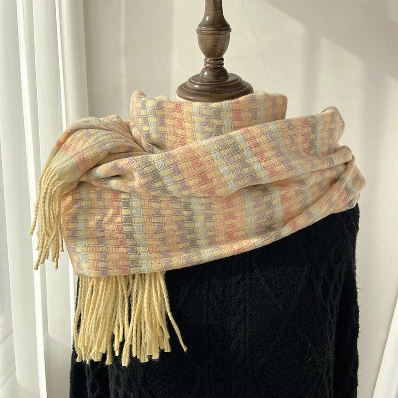 Vibrant Plaid Scarf Faux Wool Warm Shawl with Fringe (MAC334)