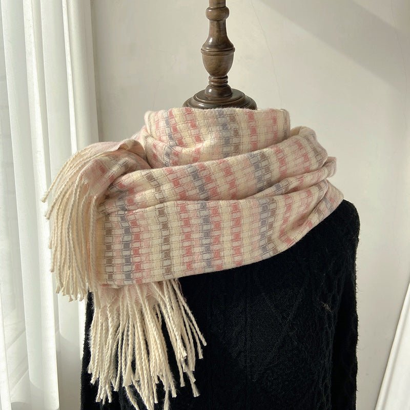 Vibrant Plaid Scarf Faux Wool Warm Shawl with Fringe (MAC334)