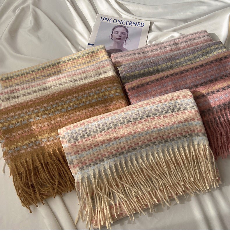 Vibrant Plaid Scarf Faux Wool Warm Shawl with Fringe (MAC334)