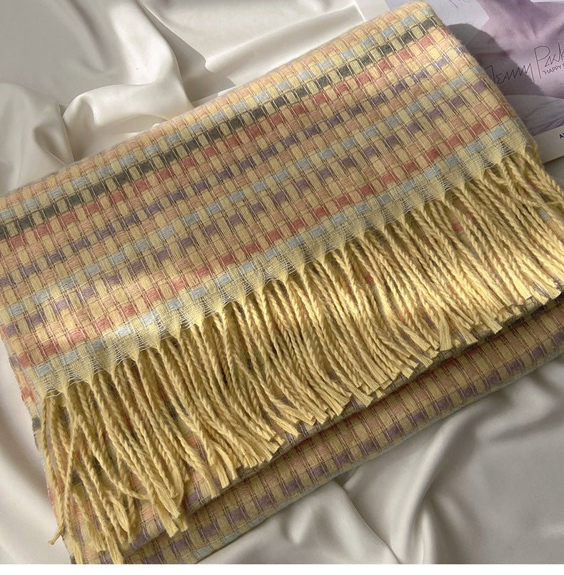 Vibrant Plaid Scarf Faux Wool Warm Shawl with Fringe (MAC334)